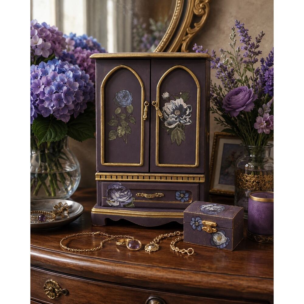 Upcycled Vintage Solid Wood Jewelry Box – Rich Purple Cottagecore Beauty